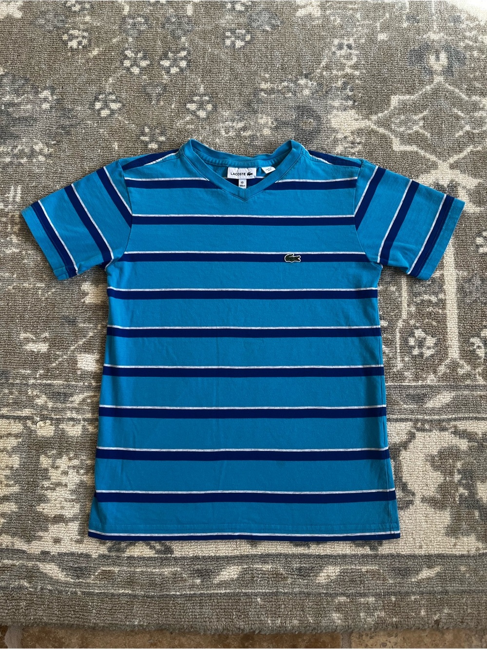 Lacoste Boys Blue Striped V-Neck Tee